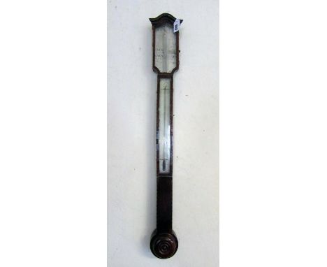 A MAHOGANY STICK BAROMETER BY RABALIO, 19th century, the chased silvered plates with vernier scale, and thermometer, the case