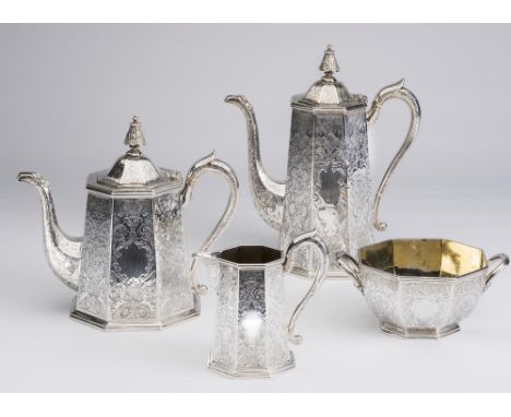 A VICTORIAN SILVER FOUR PIECE TEA SERVICE, maker Robert Hennell, London 1855, of tapering octagonal form, all over bright cut