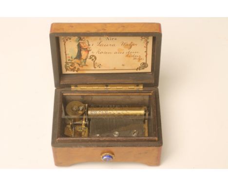 A MINIATURE SWISS MUSICAL BOX, late 19th century, playing two airs as listed on the transfer printed tune sheet, in rounded o