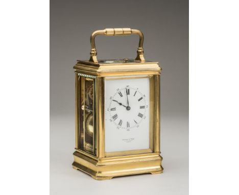 A FRENCH BRASS CASED STRIKING AND REPEATING CARRIAGE CLOCK, the twin barrel movement with platform lever escapement striking 