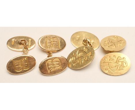 A PAIR OF 18CT GOLD CUFFLINKS, of plain oval form engraved with a monogram, Birmingham 1946, together with another similar pa