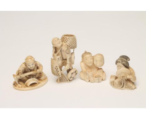 FOUR JAPANESE IVORY NETSUKE, early 20th century, comprising a seated man holding a Noh mask, 1 1/4" high, a basket seller, 2"