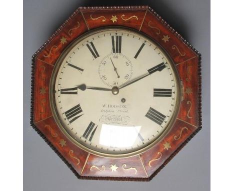 A MAHOGANY CASED WALL TIMEPIECE, 19th century, the single fusee movement with 12" white enamel dial with Roman numerals, sign
