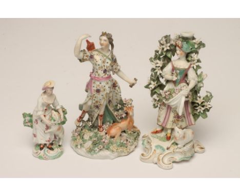 THREE DERBY PORCELAIN FIGURES, c.1760-70, comprising a shepherdess, 5 1/2" high, a figural candlestick base modelled as a she