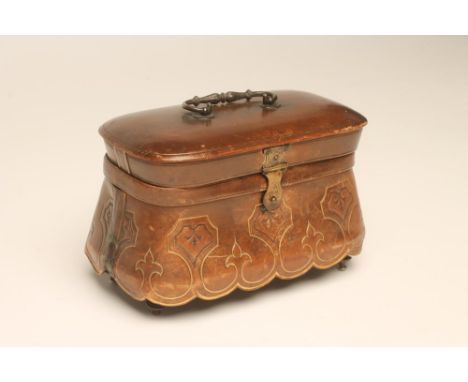 A NOVELTY MUSICAL BOX, the key wind movement playing the airs as listed on the tune sheet, contained in a bombe tooled brown 