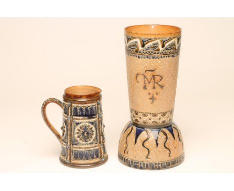 A DOULTON LAMBETH STONEWARE GOBLET VASE, 1880, the flared cylindrical bowl incised "MR" on a star stamped engine turned groun