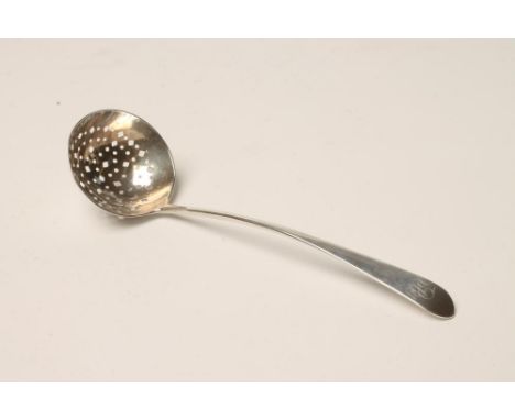 A GEORGE III SCOTTISH PROVINCIAL SILVER SIFTER SPOON, maker John Keith, Banff, c.1800, with slender handle engraved "R", 6 3/