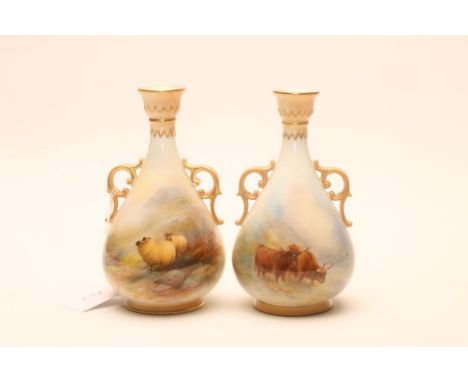 A PAIR OF ROYAL WORCESTER CHINA VASES, 1909, of rounded conical form with scroll handles, one painted in polychrome enamels b