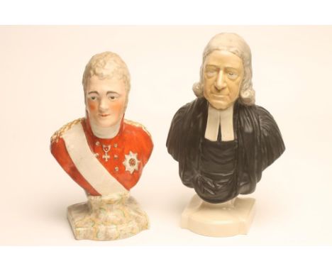 A STAFFORDSHIRE POTTERY BUST, 19th century, modelled as Tsar Alexander I, wearing a white sash across his military uniform, o