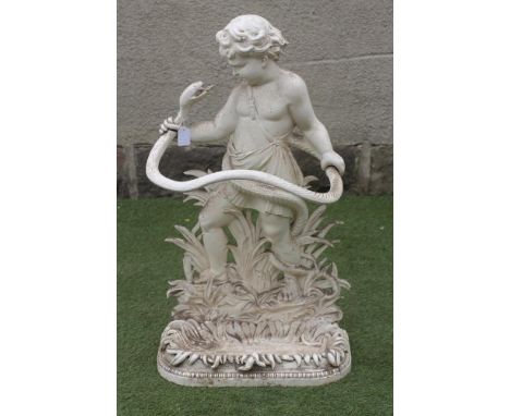 A VICTORIAN CAST IRON STICK STAND, modelled as a standing putto holding serpent wrapped around to form the stay, detachable l