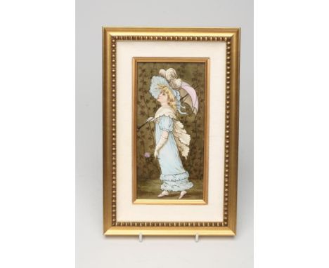 AN EARTHENWARE TILE, probably American c.1900, of oblong form, painted in sombre colours by M Luther(?) with a young girl in 