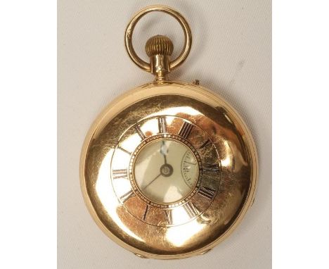 A VICTORIAN 18CT GOLD TOP WIND HALF HUNTER POCKET WATCH, the white enamel dial with black Roman numerals enclosing subsidiary