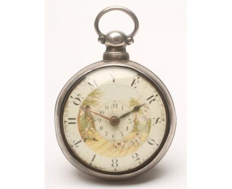 A GEORGE V SILVER PAIR CASED POCKET WATCH, the white enamel dial painted with a huntsman and his two hounds flushing out bird