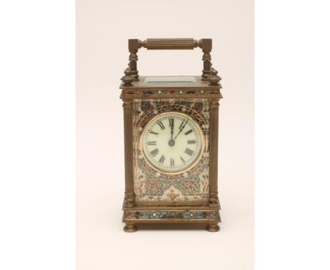 A BRASS AND CHAMPLEVE ENAMEL CASED CARRIAGE CLOCK, the single barrel movement with lever platform escapement, 1 3/4" cream en