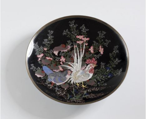 A PAIR OF JAPANESE CLOISONNE ENAMEL PLAQUES, c.1900, of plain dished circular form, enamelled in shades of dusky pink, red, b