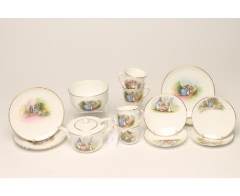 A GRIMWADES POTTERY BEATRIX POTTER "PETER RABBIT" PART TEA SET, 1920's, printed in colours with scenes from Peter Rabbit and 