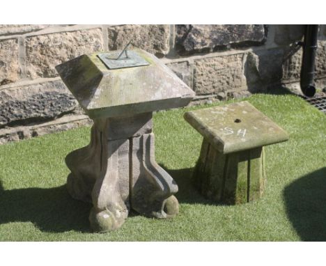 A SANDSTONE SUNDIAL of domed square form with copper dial, on associated quatrefoil stand, 15 1/2" x 27" together with a smal