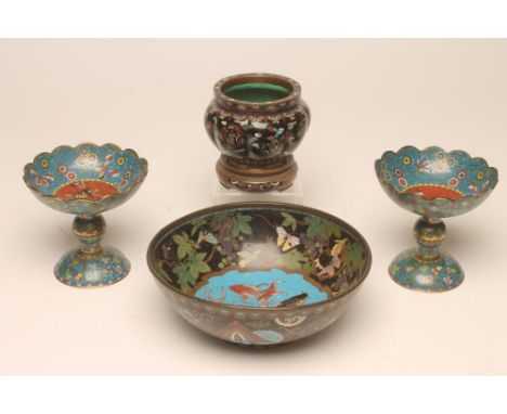 A COLLECTION OF CLOISONNE ENAMEL, various dates, comprising a pair of turquoise pedestal dishes with fluted rims on knopped s