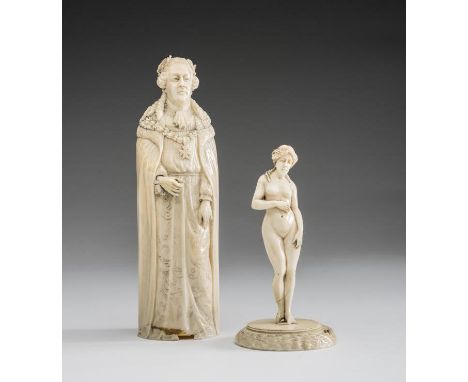 A EUROPEAN SECTIONAL IVORY FIGURE, 19th century, carved as a Knight of Malta wearing a laurel wreath over his long ringlets, 