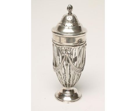 AN EDWARDIAN SILVER WIREWORK SUGAR CASTOR, makers Haseler & Haseler, London 1910, of elongated ovoid form, the domed cover wi