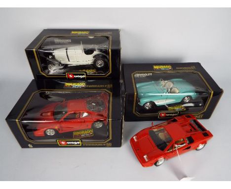 Bburago - 4 x 1:18 scale cars including # 3002 1931 Mercedes Benz SSKL, # 3024 1957 Chevrolet Corvette, # 3032 1987 Ferrari F