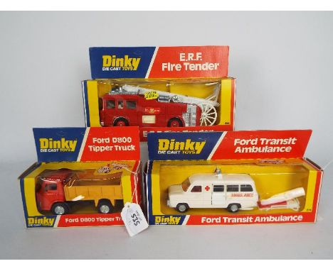 Dinky - 3 x boxed Dinky models, # 440 Ford D800 Tipper Truck in orange and yellow with a black chassis, # 274 Ford Transit Am