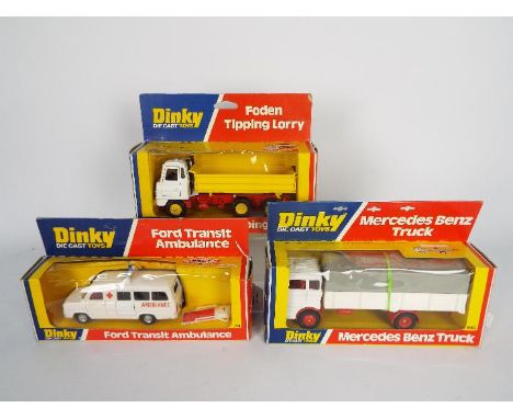 Dinky - 3 x boxed models # 274 Ford Transit Ambulance, # 432 Foden Tipping Lorry, # 940 Mercedes Benz Truck. All three vehicl