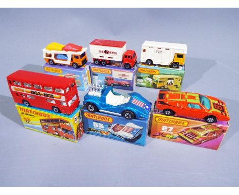 Matchbox - A collection of 6 x boxed 1970s Superfast vehicles including # 11 Car Transporter, # 27 Lamborghini Countach Strea