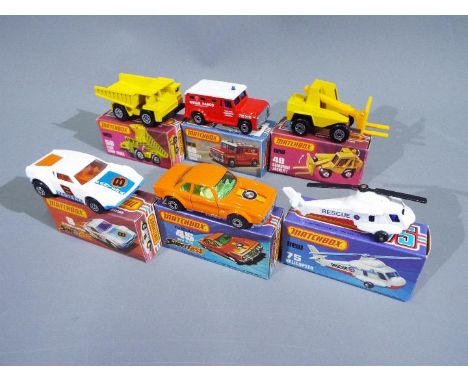 Matchbox - A collection of 6 x boxed 1970s Superfast vehicles including # 8 De Tomaso Pantera, # 48 Sambron Jacklift, # 69 Se