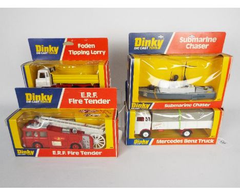 Dinky - 4 x boxed models, # 432 Foden Tipping Lorry, # 940 Mercedes Benz Truck, # 266 E.R.F. Fire Tender, # 673 Submarine Cha