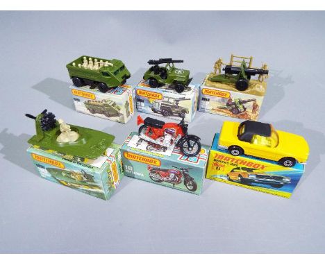Matchbox - A collection of 6 x boxed 1970s Superfast vehicles including # 18 Hondorora Motorcycle, # 32 Field Gun, # 54 Perso