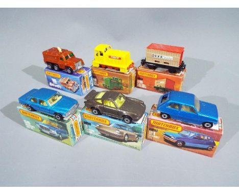 Matchbox - A collection of 6 x boxed 1970s Superfast vehicles including # 3 Porsche Turbo, # 24 Diesel Shunter, # 56 Mercedes