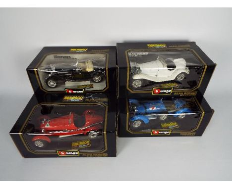 Bburago - 4 x boxed 1:18 scale cars including # 3005 1934 Bugatti Type 59, # 3008 1932 Alfa Romeo 2300 Spider, # 3014 1931 Al