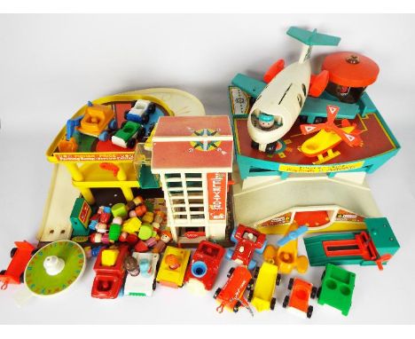 Fisher Price - A collection of vintage Fisher Price including Play Family Airport with airplane and also a Parking Ramp Servi