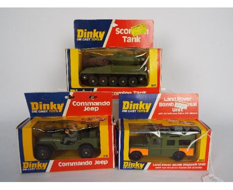 Dinky - 3 x boxed military models, # 612 Commando Jeep, # 604 Land Rover Bomb Disposal and # 690 Scorpion Tank. All the model