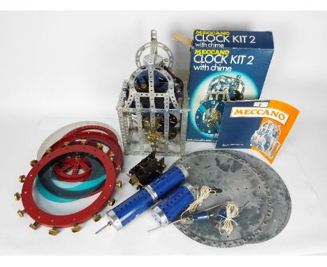 Meccano - A vintage 1971 boxed Meccano Clock Kit 2 with chime, the main body and workings have been assembled and the pendulu