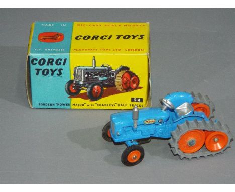 Corgi Toys - A boxed Corgi Toys #54 Fordson 'Power Major' with 'Roadless' Half Tracks.. The model in blue body, orange wheels