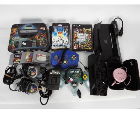 Nintendo - A Nintendo 64 console with a power lead, 3 x Gamester controllers, a Competition Pro controller, 3 x games cartrid