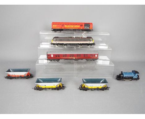 Hornby - A collection of 2 x locos and 5 x wagons including class 90 Electric loco # R471, 0-4-0 Pug class saddle tank loco #