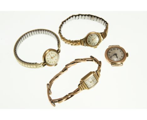 Four ladies 9ct H/M vintage wristwatches, one with an expanding gold bracelet signed Benson, London