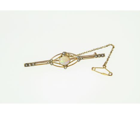 An opal and seed-pearl set bar brooch stamped 9ct