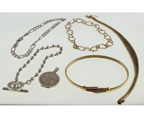 POLICE > 9ct items to include a ruby and diamond bangle and two other bracelets and three silver items, approx total 9ct weig
