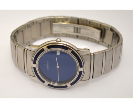A gents stainless steel ETERNA wristwatch with blue dial and bezel, quartz movement