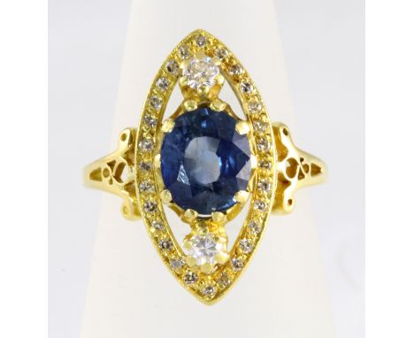 A sapphire and diamond marquise shaped cluster ring stamped 18ct, approx total diamond weight 0.34ct, size N

CONDITION REPOR