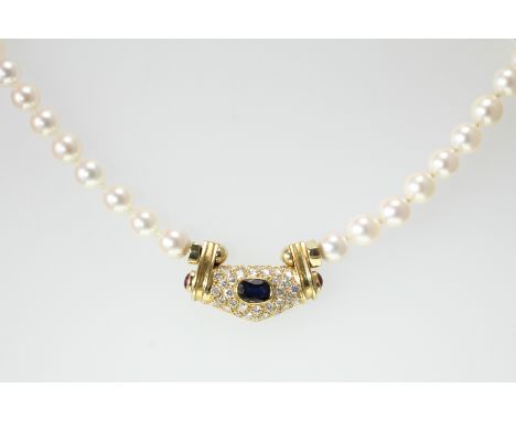 A ruby, sapphire and diamond set pearl necklet, approx 16"