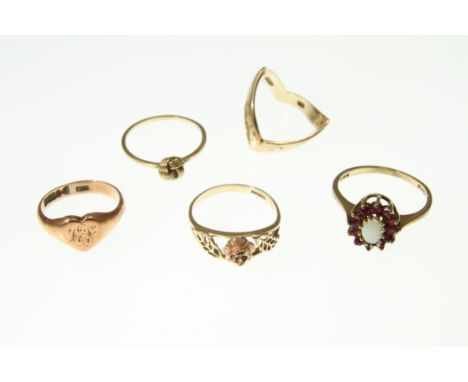 Five H/M 9ct rings including an opal and ruby cluster ring, approx total weight 9.7g