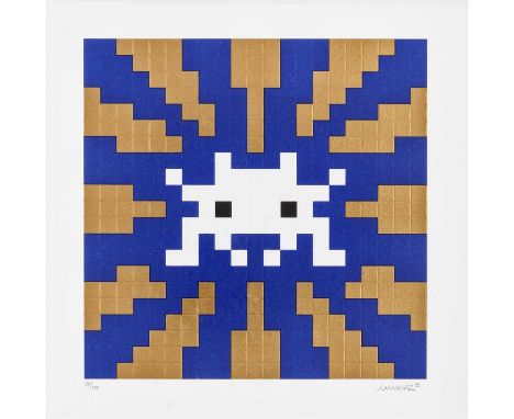 Invader (French 1969-), 'Sunset (Gold &amp; Blue)', 2018, embossed screen print in colours on wove paper, signed, dated and n