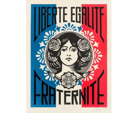 Shepard Fairey (American 1970-), ' Liberte , Egalite , Fraternite', 2018, letterpress and screen print in colours on wove pap