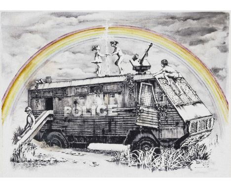 Banksy (British 1974-), ‘Police Riot Van (Dismaland Gift Print)’, 2015, and embellished digital print in colours, signed in b