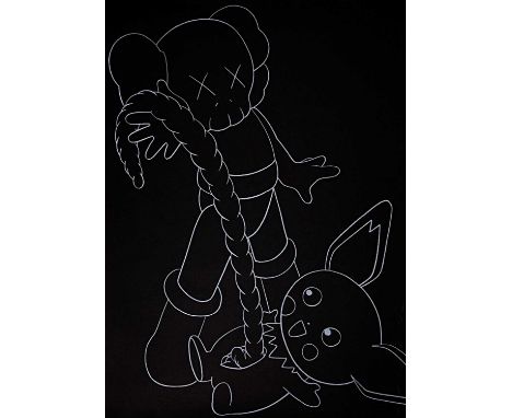 Kaws (American 1974-), 'Companion vs Pikachu', 2002, screen print on black stock paper, signed and dated in pencil, from an e
